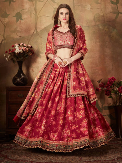 Maroon Floral Digital Printed Organza Bridal Lehenga Choli